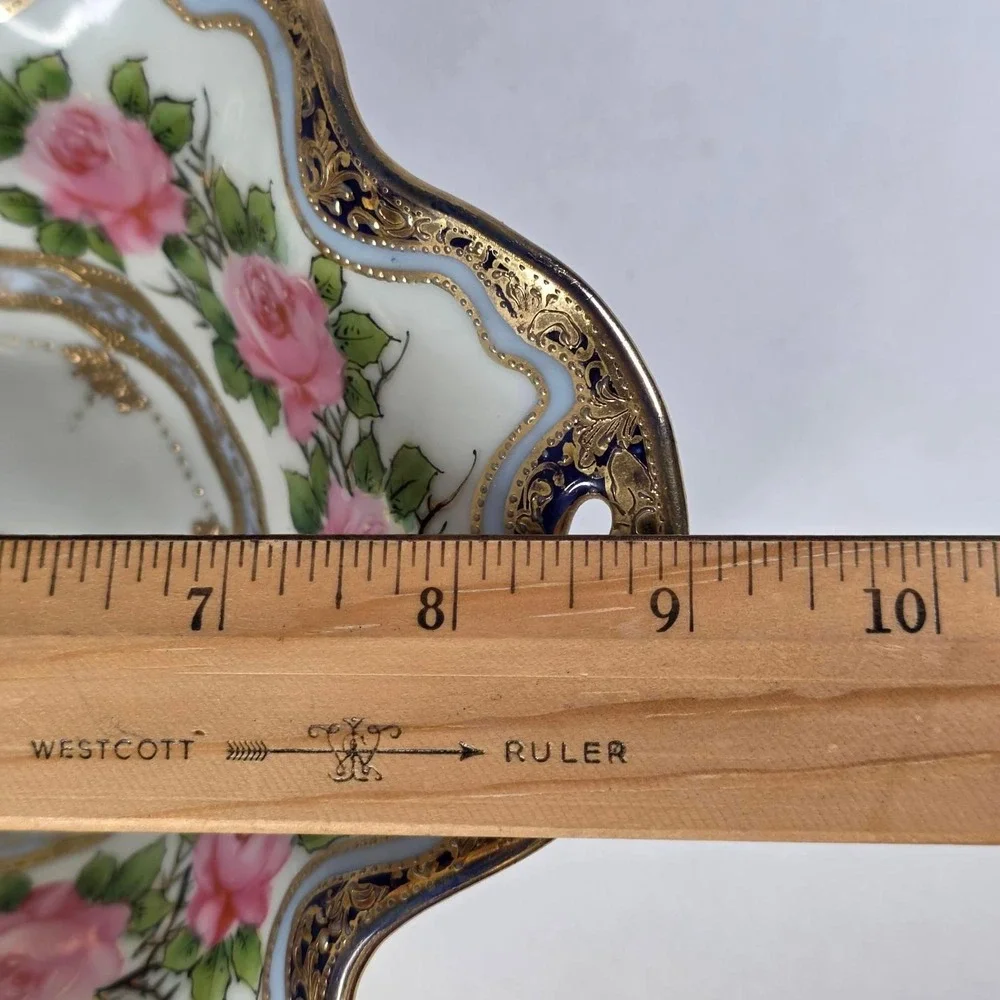Antique Nippon IE&C Co Hand Painted 4-Footed Porcelain Bowl Cobalt Pink Roses 9